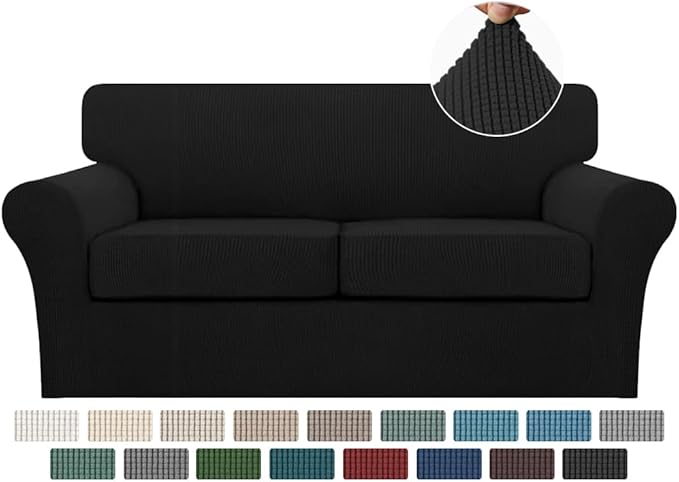 Turquoize 3 Piece Sofa Covers For 2 Cushion Couch Sofa Slipcover Soft Couch Cover For Dogs-Washable Sofa Furniture Covers With 2 Individual Cushion Covers, Feature Thick Fabric (2 Cushion Sofa, Black)