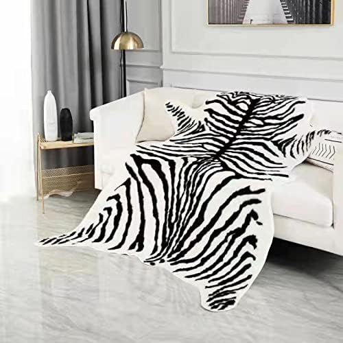Large Zebra Print Area Rug Carpet Faux Cowhide Leather Animal Simulation Plush Mat Cute Soft for Home Decor Black and White 4.9'x6.6'