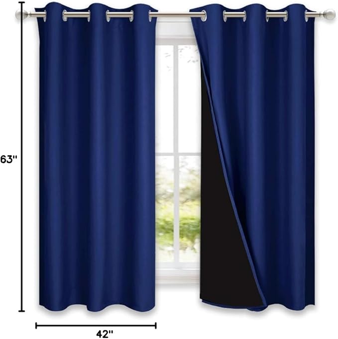 NICETOWN 100% Blackout Curtain Panels, Thermal Insulated Black Liner Curtains for Nursery Room, Noise Reducing and Cold Blocking Drapes for Windows (Set of 2, Royal Blue, 42" Wide by 63" Long)