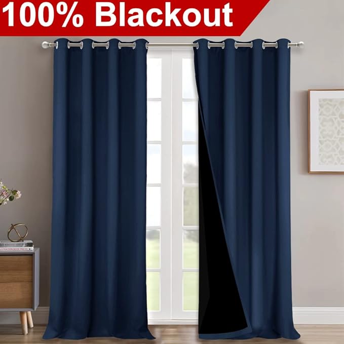 NICETOWN Full Shading Curtains 90 inches Long 2 Panels Set for Windows, Super Heavy-Duty Black Lined Blackout Curtains for Bedroom, Privacy Assured Window Treatment (Navy Blue, 52 inches W)
