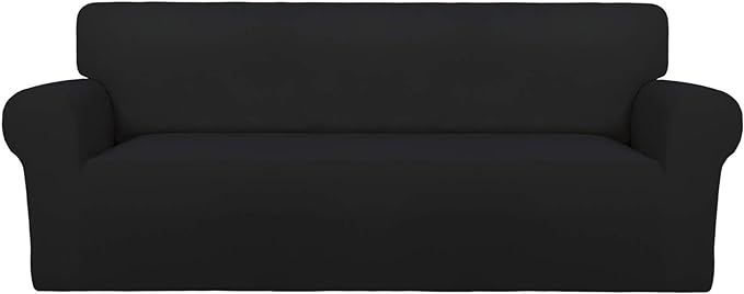 PureFit Super Stretch Sofa Slipcover – Spandex Non Slip Soft Couch Sofa Cover, Washable Furniture Protector with Non Skid Foam and Elastic Bottom for Kids, Pets （Sofa, Black）