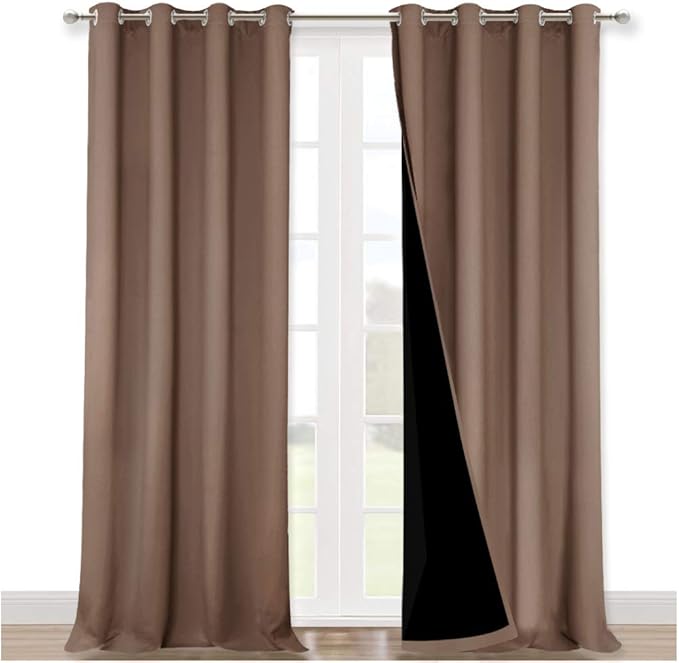 NICETOWN 100% Blackout Curtains Thermal, Noise Reduction and Privacy Curtains for Patio Door, Black Lined Blackout Drapes with Grommet Top, Cappuccino, 1 Pair, W52 x L120