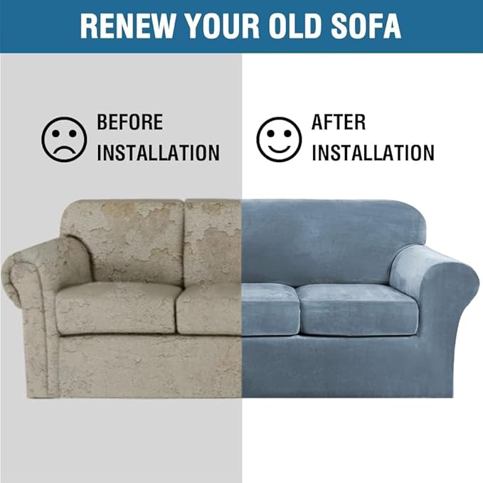 H.VERSAILTEX High Stretch Sofa Slipcover 4 Piece Cover Velvet Furniture Protector Form Fit Thick Velvet Extra Large Sofa Cover for 3 Cushion Couch Width Up to 97 Inch (Large Sofa, Stone Blue)