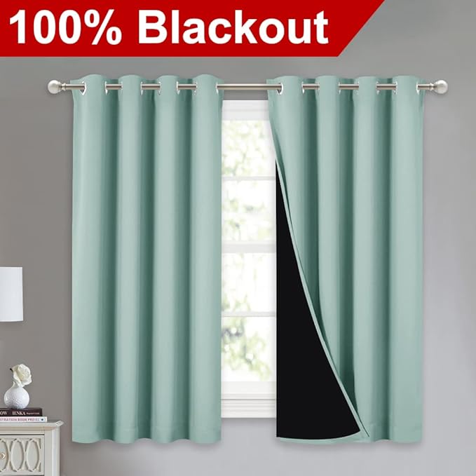 NICETOWN 100% Blackout Curtains 54 inches Long, Double-Deck Completely Blackout Window Treatment Thermal Insulated Lined Drapes for Small Window (Aqua Blue, 1 Pair, 52 inches Width Each Panel)
