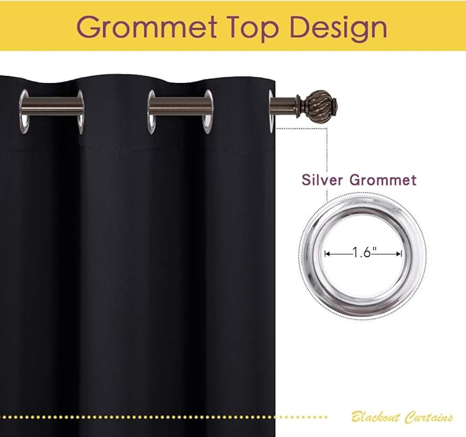 NICETOWN Blackout Draperies Window Curtain Panels, Autumn/Winter Thermal Insulated Solid Grommet Blackout Curtains/Drapes for Cafe (Set of 2, 60 inches by 84 inches, Black)