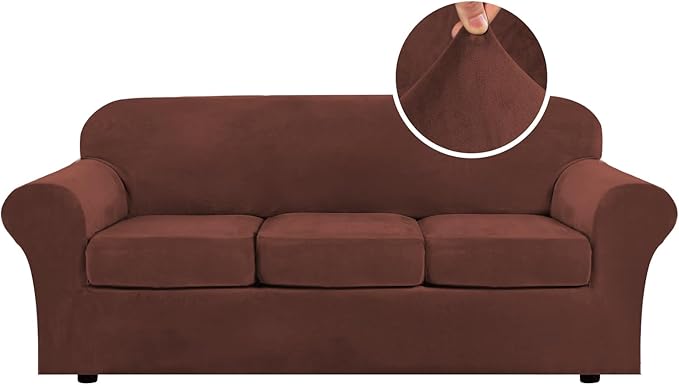 H.VERSAILTEX Modern Velvet Plush 4 Piece High Stretch Sofa Slipcover Sofa Cover Furniture Protector Form Fit Thick Velvet Sofa Cover for 3 Cushion Couch Width Up to 90 Inch (Sofa, Burnt Brick)