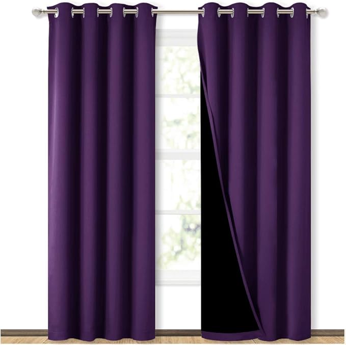 NICETOWN 100% Blackout Curtains with Black Liner Backing, Thermal Insulated Curtains for Living Room, Noise Reducing Drapes, Royal Purple, 52 inches Wide x 84 inches Long Per Panel, Set of 2 Panels