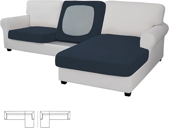 Easy-Going Stretch 3 Pieces Couch Cushion Covers for Sectional Sofa Left/Right L Shape Chaise Lounge Sofa Seat slipcover Anti-Slip Sofa Cover Soft (2 Seater + 1 Chaise, Dark Blue)