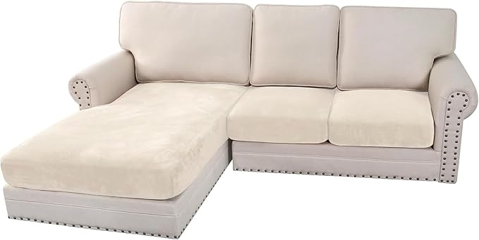H.VERSAILTEX Velvet Stretch Sectional Couch Covers 3 Pieces Sofa Seat Cushion Covers L Shape Separate Couch Cover for Both Left/Right Sectional Couch (Large Sofa 2 Seater + 1 Chaise, Cream)