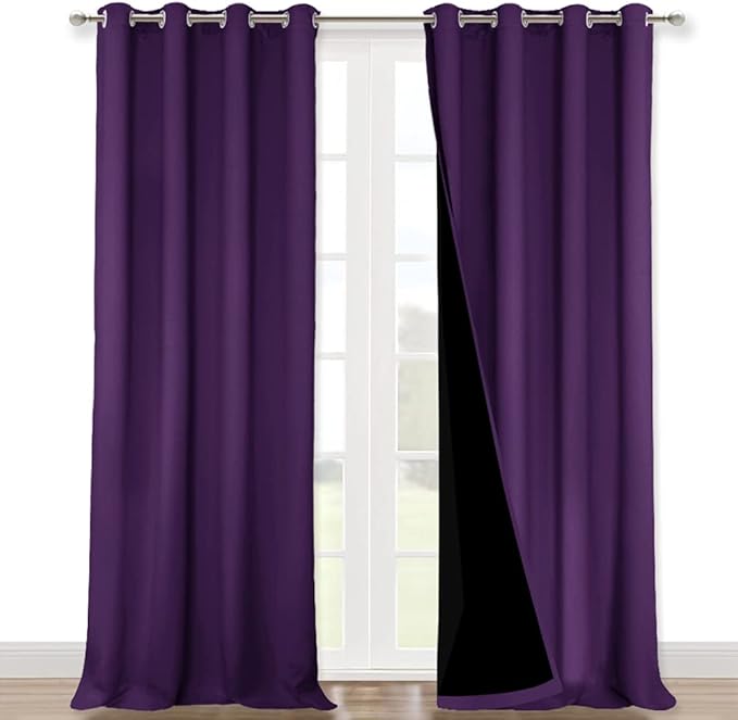 NICETOWN Truly Blackout Drapes for Living Room, Heavy-Duty Full Light Shading Curtain Set with Black Liner Backing for Villa/Hall/Dorm Window（Royal Purple, Package of 2, 52 inches W x 95 inches L