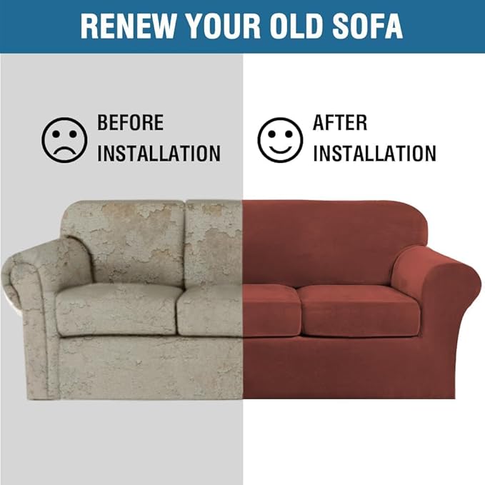 H.VERSAILTEX High Stretch Sofa Slipcover 4 Piece Cover Velvet Furniture Protector Form Fit Thick Velvet Extra Large Sofa Cover for 3 Cushion Couch Width Up to 97 Inch (Large Sofa, Rust)