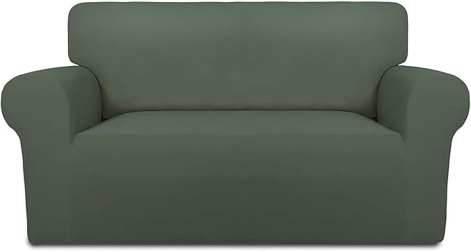 PureFit Super Stretch Sofa Slipcover – Spandex Non Slip Soft Couch Sofa Cover, Washable Furniture Protector with Non Skid Foam and Elastic Bottom for Kids, Pets （Loveseat, Grayish Green）