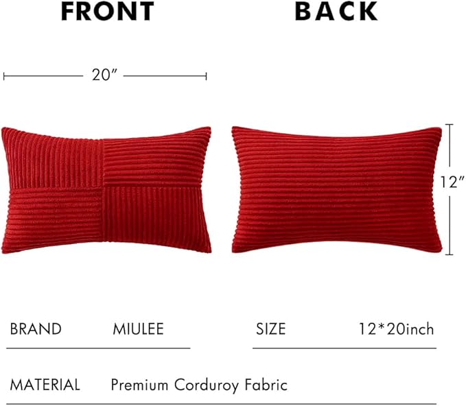 MIULEE Christmas Red Decorative Lumbar Throw Pillow Covers 12x20 Inch for Couch Bed Sofa Pack of 2 Boho Farmhouse Throw Pillows Soft Cross Corduroy Patchwork Textured Cushion Cases