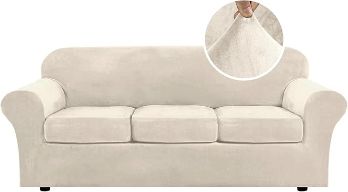 H.VERSAILTEX Modern Velvet Plush 4 Piece High Stretch Sofa Slipcover Furniture Protector Form Fit Luxury Thick Sofa Cover for 3 Cushion Couch, Machine Washable Width Up to 90 Inch(Sofa,Ivory)