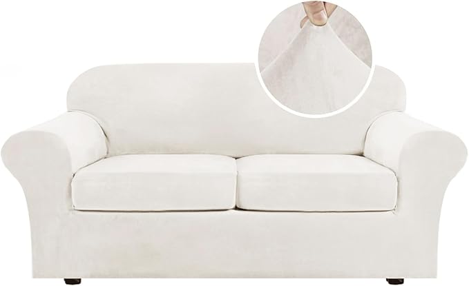 H.VERSAILTEX Real Velvet Plush 3 Piece Stretch Sofa Covers Couch Covers for 2 Cushion Couch Sofa Slipcovers Width Up to 90 Inch Feature Thick Soft Stay in Place (Sofa, Porcelain White)
