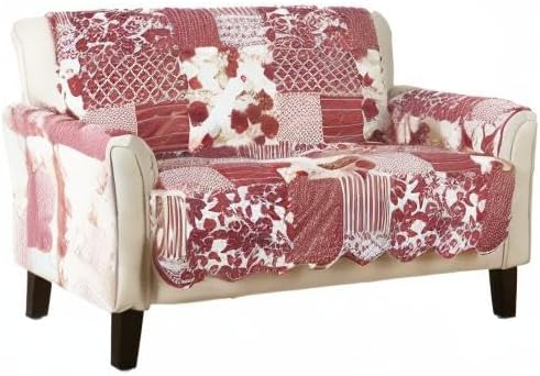 Great Bay Home Reversible Patchwork Loveseat Cover - Washable Slipcover Furniture Protector with Elastic Straps - Perfect for Kids & Pets - Box-Stitched Detail (Burgundy)