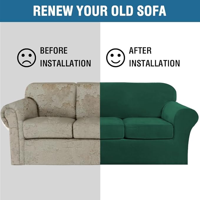 H.VERSAILTEX High Stretch Sofa Slipcover 4 Piece Cover Velvet Furniture Protector Form Fit Thick Velvet Extra Large Sofa Cover for 3 Cushion Couch Width Up to 97 Inch (Large Sofa, Green)