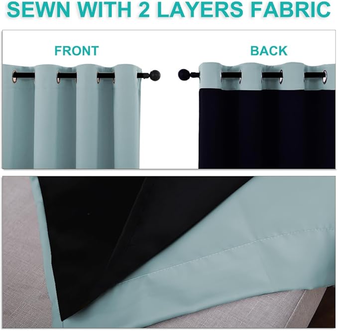 NICETOWN 100% Blackout Short Curtains with Black Liners, Sky Blue, 2 Panels, 37" W by 63" L, Solid Thermal Insulated Full Blackout 2-Layer Lined Drapes, Energy Efficiency Window Draperies for Bedroom