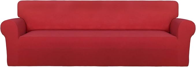 PureFit Super Stretch 4 Seater Sofa Slipcover – Spandex Non Slip Soft Couch Sofa Cover, Washable Furniture Protector with Non Skid Foam and Elastic Bottom for Kids, Pets （XX Large, Red）