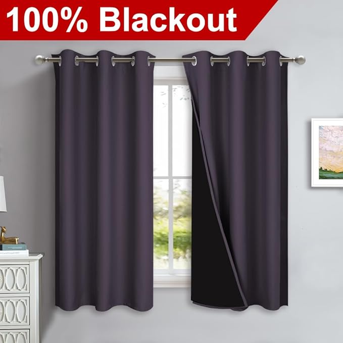 NICETOWN 100% Blackout Short Curtains with Black Liners, 2 Panels, 37" W by 50" L, Greyish Purple, Thermal Insulated Full Blackout 2-Layer Lined Drapes, Energy Efficiency Window Drapes for Bedroom