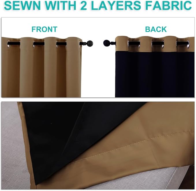 NICETOWN 100% Blackout Lined Curtains, Totally Darkness Drapes with Silver Grommet, Thermal Insulated Drapes for Master Bedroom (Gold Brown, 1 Pair, 52 inches Width x 63 inches Length Each Panel)
