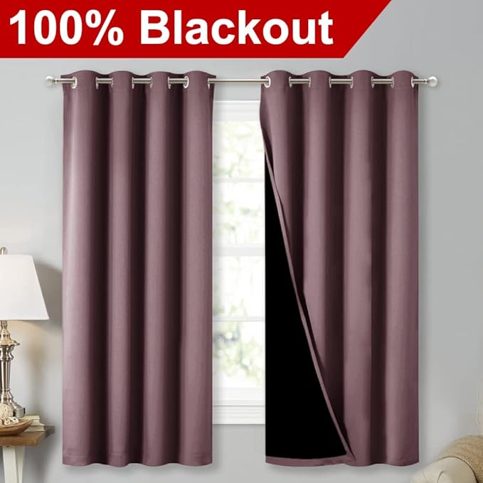 NICETOWN Extra Long Truly Blackout Drapes for Hall and Villa, 46-inch Width Each Panel, 45-inch Length, Dry Rose, 2 Pieces, 100% Blackout Window Curtain Panels with Black Lined for Night Shift Worker