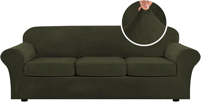 H.VERSAILTEX High Stretch Sofa Slipcover 4 Piece Cover Velvet Furniture Protector Form Fit Thick Velvet Extra Large Sofa Cover for 3 Cushion Couch Width Up to 97 Inch (Large Sofa, Olive)