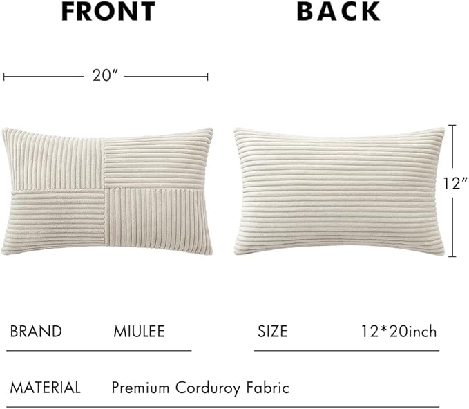 MIULEE Beige Decorative Lumbar Throw Pillow Covers 12x20 Inch for Couch Bed Sofa Pack of 2 Boho Neutral Farmhouse Throw Pillows Soft Cross Corduroy Patchwork Textured Cushion Cases