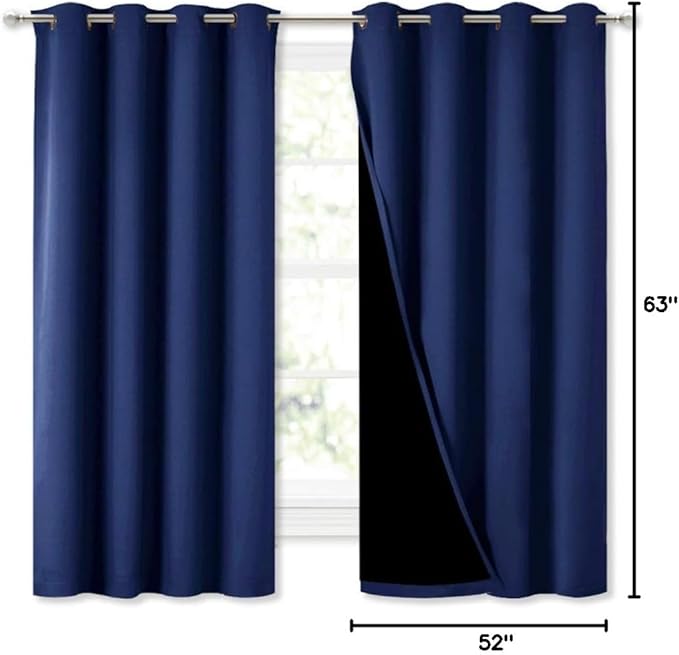 NICETOWN 100% Blackout Curtain Panels, Thermal Insulated Black Liner Curtains for Nursery Room, Noise Reducing and Cold Blocking Drapes for Windows (Royal Blue, Set of 2, 52-inch Wide by 63-inch Long)