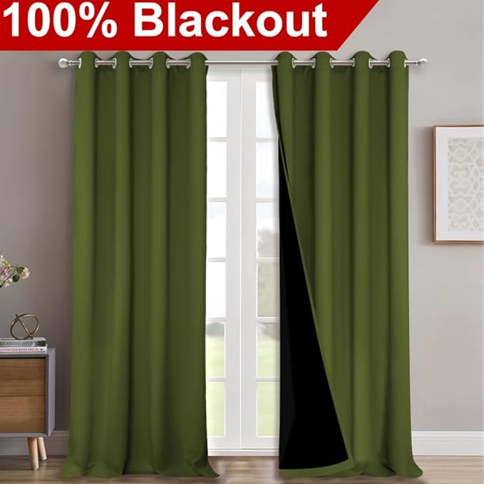 NICETOWN Full Shading Curtains 90" Long 2 Panels Set for Windows, Olive Green, Pack of 2, 52" W, Super Heavy-Duty Black Lined Blackout Curtains for Bedroom, Privacy Assured Window Treatment