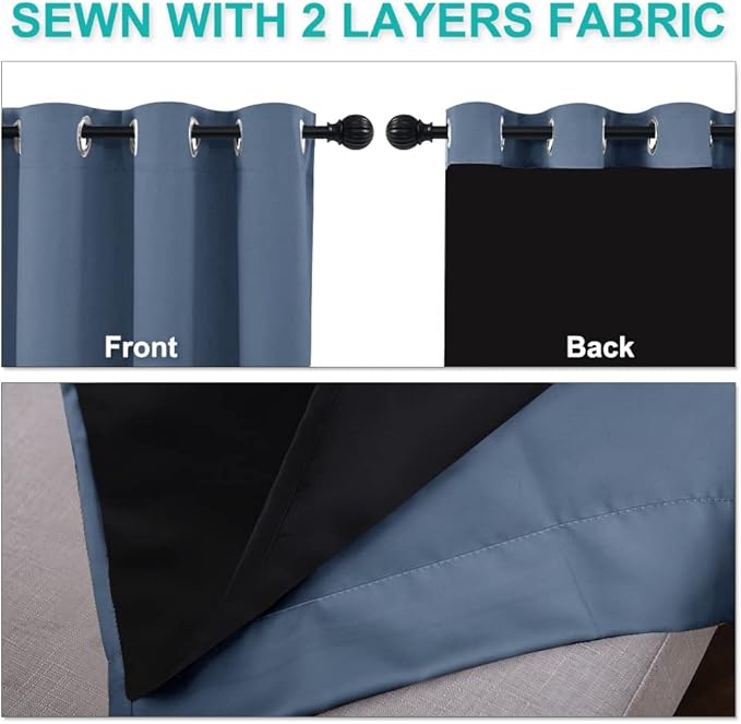 NICETOWN 100% Blackout Curtains Thermal, Stone Blue, 1 Pair, W37 x L70, Noise Reduction and Privacy Curtains for Patio Door, Black Lined Blackout Drapes with Grommet Top