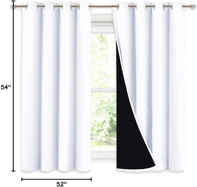 NICETOWN 100% Blackout Curtains 54 inches Long, Double-Deck Completely Blackout Window Treatment Thermal Insulated Lined Drapes for Small Window (White, 1 Pair, 52 inches Width Each Panel)
