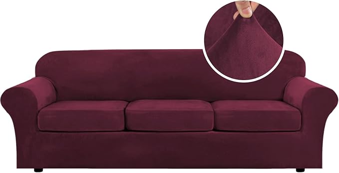 H.VERSAILTEX Velvet 4 Piece High Stretch Sofa Slipcover Cover Furniture Protector Form Fit Thick Velvet Extra Large Sofa Cover for 3 Cushion Couch Width Up to 105 Inch(XL Sofa, Wine/Burgundy)