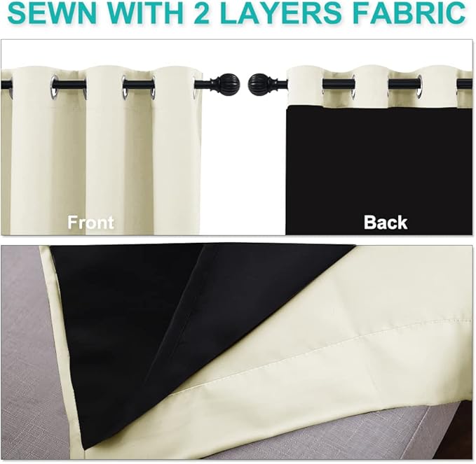 NICETOWN Living Room Completely Shaded Draperies, Privacy Protection & Noise Reducing Ring Top Drapes, Black Lined Insulated Window Treatment Curtain Panels (Beige, 2 Pieces, W37 x L70)