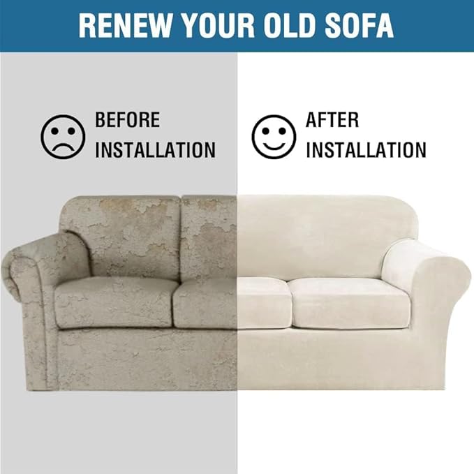 H.VERSAILTEX High Stretch Sofa Slipcover 4 Piece Cover Velvet Furniture Protector Form Fit Thick Velvet Extra Large Sofa Cover for 3 Cushion Couch Width Up to 97 Inch (Large Sofa, Ivory)