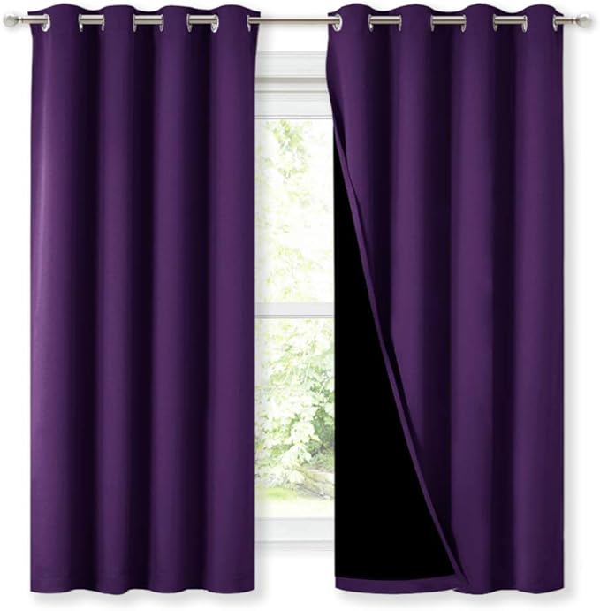 NICETOWN 100% Blackout Curtain Panels, Thermal Insulated Black Liner Curtains for Kitchen, Noise Reducing and Cold Blocking Drapes for Windows (Set of 2, Royal Purple, 52-inch Wide by 63-inch Long)