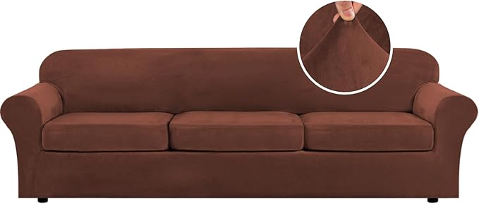 H.VERSAILTEX Modern Velvet Plush 4 Piece High Stretch Sofa Slipcover Furniture Protector Form Fit Velvet Extra Large Sofa Cover for 3 Cushion Couch Width Up to 105 Inch (XL Sofa, Burnt Brick)