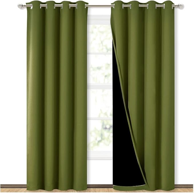 NICETOWN 100% Blackout Curtain Set, Thermal Insulated & Energy Efficiency Window Draperies for Guest Room, Full Shading Panels for Shift Worker and Light Sleepers, Olive Green, 52W x 84L, 2 PCs