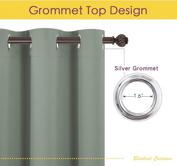 NICETOWN Greyish Green Blackout Draperies Curtains for Kids Room, Window Treatment Thermal Insulated Solid Grommet Blackout Drape Panels for Bedroom (Set of 2, 70 by 72 inches)
