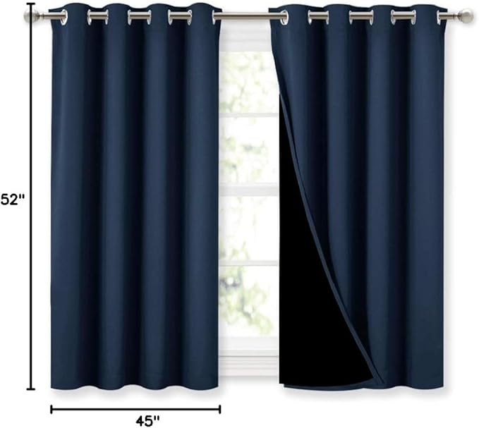 NICETOWN 100% Blackout Curtains with Black Liners, Thermal Insulated 2-Layer Lined Drapes, Energy Efficiency Small Window Draperies for Dining Room (Navy Blue, 2 Panels, 52 inches W by 45 inches L)