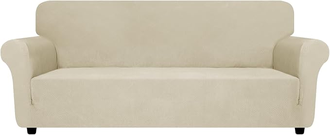 ZNSAYOTX Super Stretch Couch Cover (72"-92"), New Striped Sofa Covers Fitted Slipcovers with Elastic Bottom, Dog Cat Pets Proof Spandex Fabric Comfortable & Durable (Khaki, Sofa)