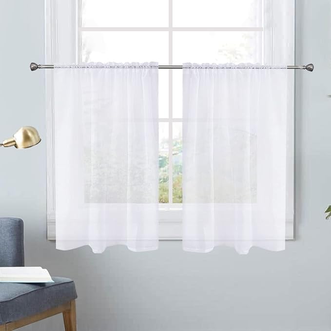 SpaceDresser White Kitchen Sheer Valance Curtains 24 Inch, Voile Sheer Cafe Curtains for Bathroom Farmhouse Country Light Filtering Short Window Curtain 1 Pair 2 Panels(White,26 W x 24 L)