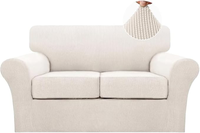Turquoize 3 Piece Sofa Covers for 2 Cushion Couch Loveseat Slipcover Soft Couch Cover for Dogs-Washable Sofa Furniture Cover with 2 Individual Cushion Covers, Thick Jacquard Fabric (Loveseat, Ivory)