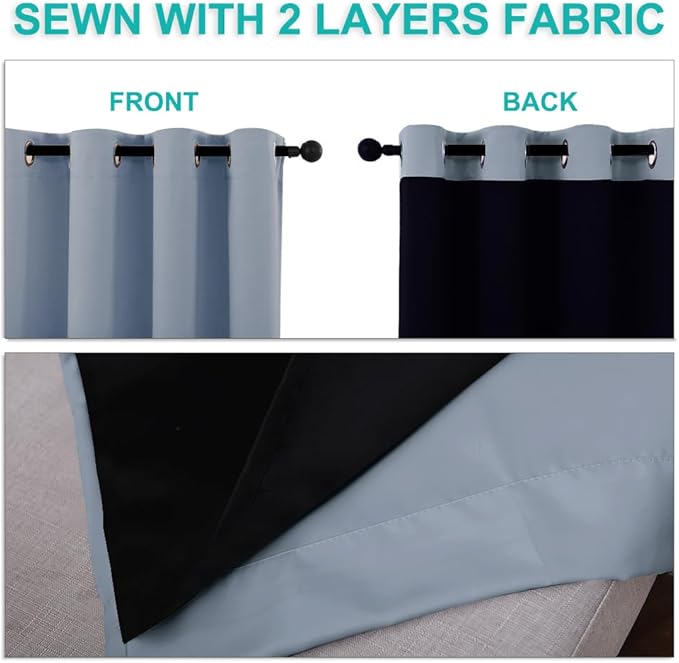 NICETOWN 100% Blackout Window Curtain Panels, Vintage Blue, 2 Pieces, 42-inch Wide Per Panel, Full Light Blocking Drapes with Black Liner for Nursery, 72-inch Drop Thermal Insulated Draperies