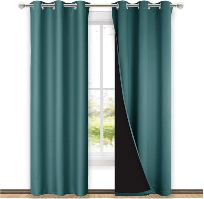NICETOWN Sea Teal Full Shade Curtain Panels, 37" Wide x 80" Long, Sea Teal, Pair of Thermal Insulated & Energy Efficiency Blackout Drapes for Living Room, Lined Silky Performance Window Dressing