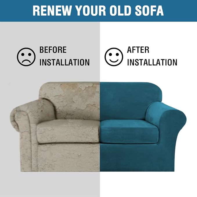 H.VERSAILTEX Real Velvet Plush 3 Piece Stretch Sofa Covers Couch Covers for 2 Cushion Couch Loveseat Covers Width Up to 72 Inch Feature Thick Soft Stay in Place (Medium Sofa, Deep Teal)