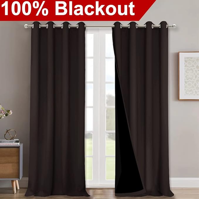 NICETOWN Cold Blocking 100% Blackout Curtains, Durable Black Lined Blackout Curtains for Bedroom, Energy Saving Long Curtains for Patio Sliding Glass Door, Brown, 52 inches x 95 inches, 2 Panels