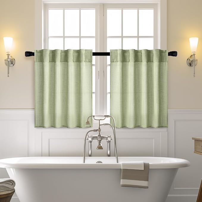 MIULEE Sage Green Kitchen Curtains 30 Inch Length 2 Panels, Soft Thick Linen Textured Semi Sheer Light Filtering Short Cafe Tier Curtains for Small Half Window Bathroom Laundry Back Tab Rod Pocket