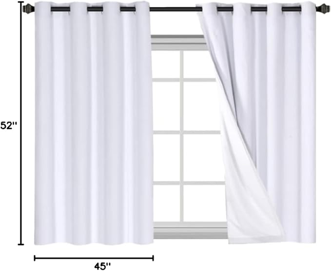 H.VERSAILTEX Linen Blackout Curtains 45 Inches Long 100% Blackout Thermal Insulated Textured Linen Look Curtain Draperies Anti-Rust Grommet, Energy Saving with White Liner, 2 Panels, Bright White