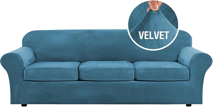 H.VERSAILTEX Velvet 4 Piece High Stretch Sofa Slipcover Cover Furniture Protector Form Fit Thick Velvet Extra Large Sofa Cover for 3 Cushion Couch Width Up to 105 Inch (XL Sofa, Peacock Blue)